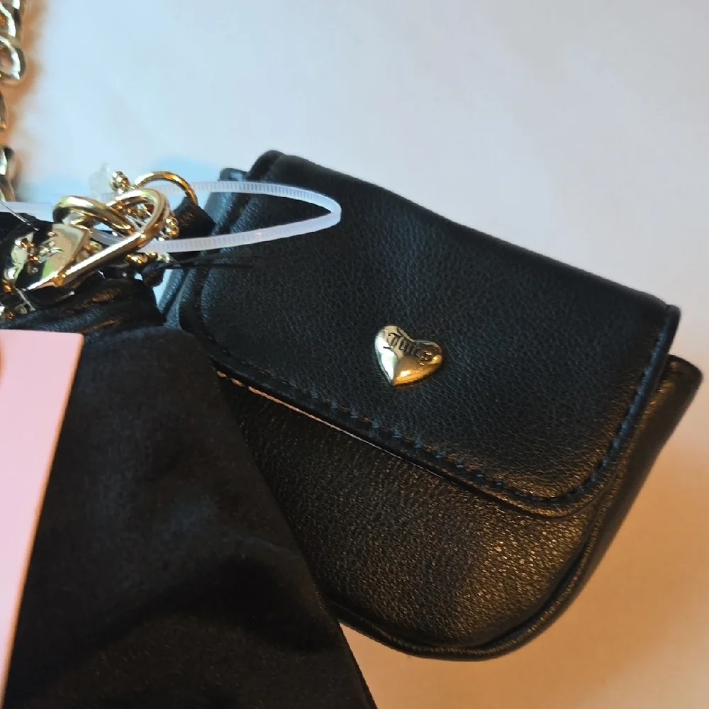 Juicy Couture Black Velour Quilted Bow Bag with Gold Chain and Extra Pouch NWT